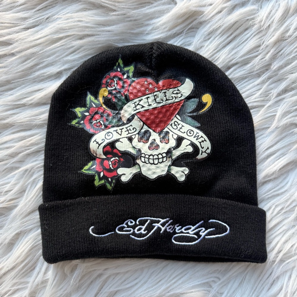 Ed Hardy Black Skull Beanie Hat Rhinestones Grunge Y2K Tattoo Heart Skull OS